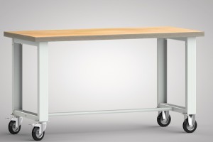 Stół warsztatowy szer. 1500 xgł.700xwys.840 mm sklej.buk. jasnoszary kółka nies.