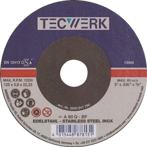 Tarcza tnąca średnica 125 x 0,8 mm wygięta INOX otwór 22,23 mm TECWERK