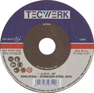 Tarcza tnąca INOX śred. 180 x 1,5 mm odgięty INOX otwór 22,23 mm TECWERK