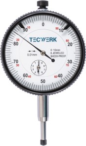 Czujnik zegarowy DIN 878 10 mm odczyt 0,01 mm z ochroną przeciwudarową TECWERK