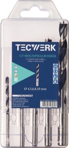 Zestaw wierteł spiralnych do drewna śred. 4, 5, 6, 8, 10 mm 5-częśc. stal CV TEC