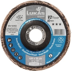 Tarcza lamelowa (listkowa) V2 POWER CER śred. 125 mm uziarnienie 40 płaska INOX,
