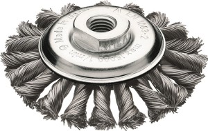 Szczotka stożkowa śred. 115 mm M14 grub. drutu 0,5 mm stal 12 mm 15000 min-¹ LES