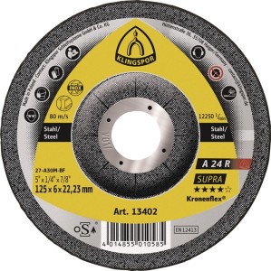 Ściernica do obróbki zgrubnej A 24 R Supra śred. 125 x gr. 4 mm stal zakrzywion