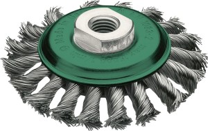 Szczotka stożkowa śred. 100 mm gwint grub. drutu 0,5 mm stal szlachetna 12 mm 15